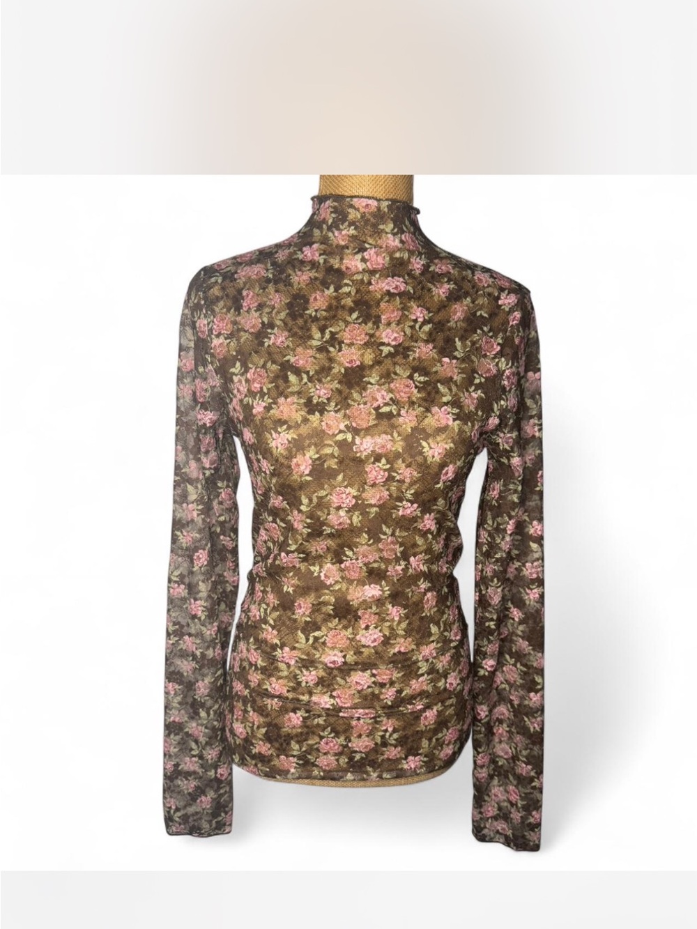 Very J Pink Floral Mesh Mock Neck Long Sleeve Top